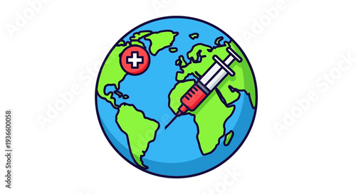 Vaccine administration worldwide, syringe injection, global healthcare, medical treatment, earth illustration