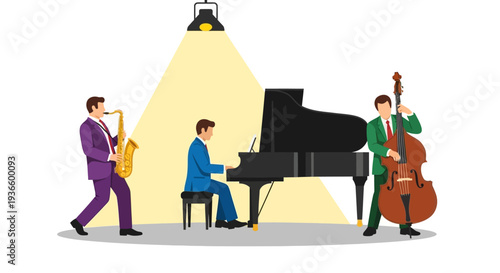 Three musicians performing jazz together on stage with saxophone, piano, and double bass under spotlight