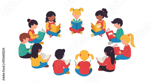 Children gathered in a circle, reading and sharing books together, a heartwarming scene of friendship and learning experience