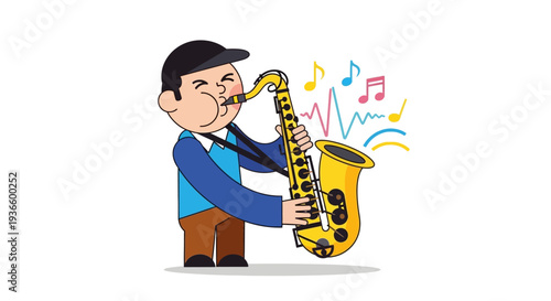 Man enthusiastically playing saxophone with musical notes surrounding him in a lively illustration