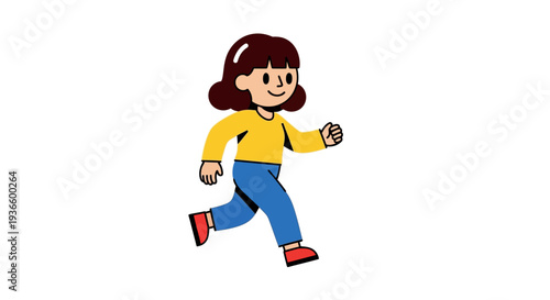 Young girl running energetically with dynamic stride and joyful expression in simple illustration