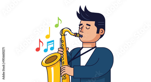 Man Playing Saxophone with Musical Notes Surrounding Him in a Simple Illustration Style