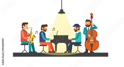 Musicians perform jazz music together on stage with instruments under spotlight