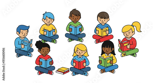 Group of diverse children sitting in circle reading books and studying together illustration