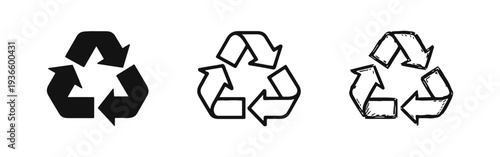 Recycling symbol icon set in solid, outline, and hand-drawn doodle style, representing sustainability and environment.