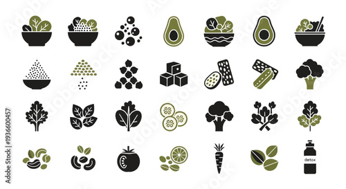 Healthy Detox Diet and Vegan Food Ingredients Minimalist Vector Icon Set
