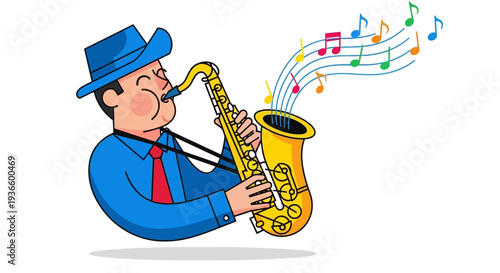 Man playing saxophone with vibrant musical notes emanating from the instrument in a lively scene
