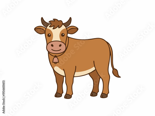 Cute Brown Cow Cartoon Character with Cowbell Standing Isolated on White Background