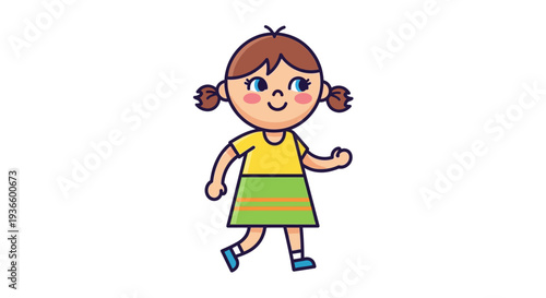 A cartoon girl walks happily with outstretched arms in a vibrant yellow shirt and green striped skirt