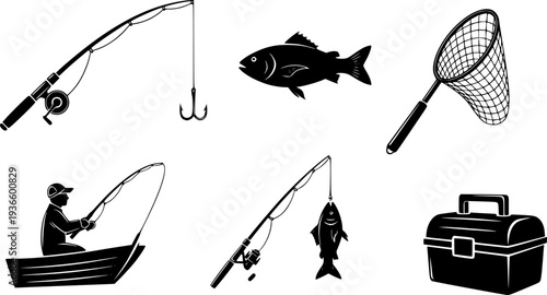 Professional Fishing and Angling Icon Set - Fishing Rod, Hook, Tackle Box and Net Vector