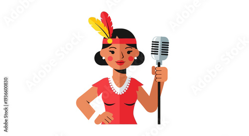 Woman singer wearing a red dress and feathered headband holding a vintage microphone, standing confidently