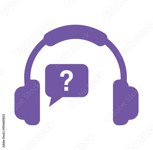 Purple headphones with a question mark speech bubble icon for support or help