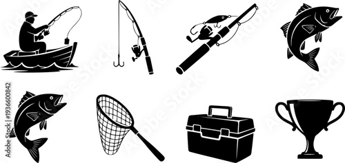 Professional Fishing and Angling Icon Set - Fishing Rod, Hook, Tackle Box and Net Vector