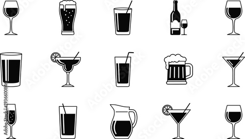 Alcohol drinks icons set, wine beer cocktail beverage glasses vector illustration collection