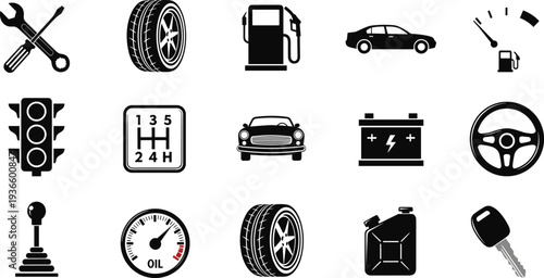 Car service auto repair icons set, vehicle maintenance tools and automotive parts vector illustration collection