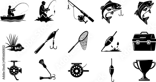 Professional Fishing and Angling Icon Set - Fishing Rod, Hook, Tackle Box and Net Vector