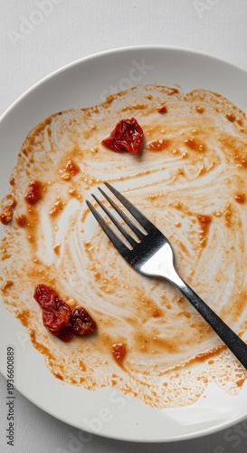 White ceramic plate covered in dried tomato sauce stains and pasta scraps, featuring a silver fork resting on the messy remnants of a satisfying dinner, table, scrap, waste