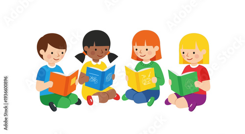 Four children sitting together reading various colored books in a relaxed environment