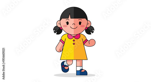 A young girl in a yellow dress walking happily with a cheerful expression viewed from the front