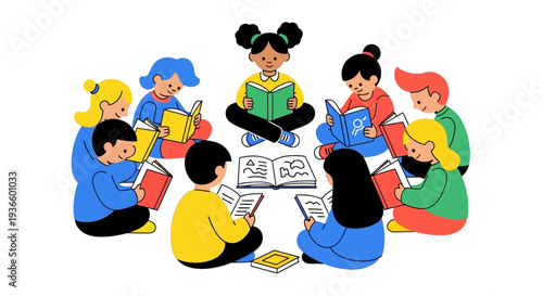 Diverse group of people gathered around a table reading and discussing documents together in a collaborative environment from a top-down viewpoint