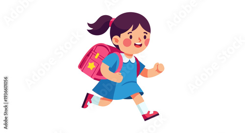 Young girl in blue dress with pink backpack running happily to school, viewed from side
