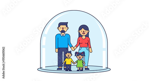 Family of four protected under a transparent glass dome illustration