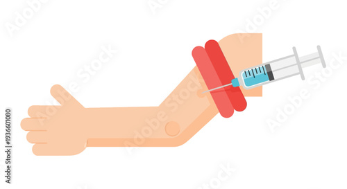 Medical injection procedure illustration on human arm with tourniquet and syringe