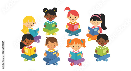 Diverse children sitting in a circle reading various books together in a playful illustration