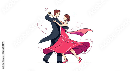 Couple dancing tango together in a graceful, elegant illustration from a side viewpoint.
