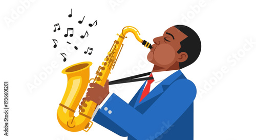 Man playing saxophone with passion and energy, surrounded by music notes, in a dynamic illustration