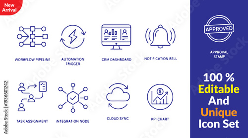workflow pipeline diagram, automation trigger bolt, CRM dashboard, task assignment arrow, data integration node, approval stamp, KPI analytics chart, cloud sync arrows, notification bell