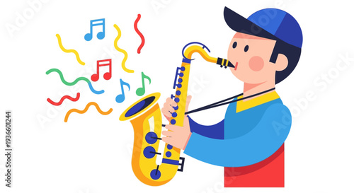 Young musician enthusiastically playing saxophone with colorful music notes and swirls around him