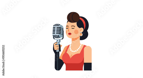 Woman singing into vintage microphone with elegance and poise in a classic illustration style