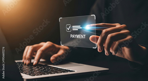 Futuristic digital payment technology concept showing a person using a transparent holographic card for online transaction on a laptop with glowing interface elements and modern digital environment