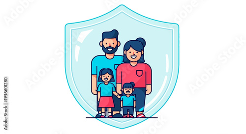Family Protection Illustration Featuring Parents and Children Under a Guardian Shield Emblem Vector Graphic