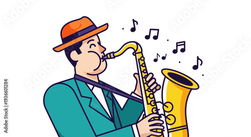 Man playing saxophone with musical notes around him, illustration of a jazz musician in action