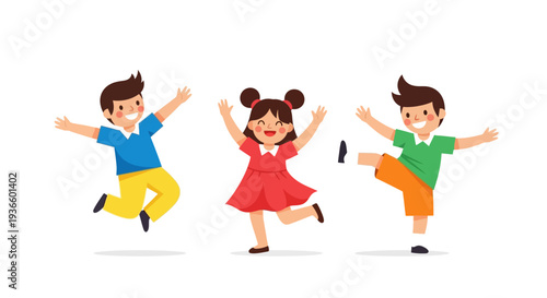 Children playing together in joyful motion with energetic movements and vibrant clothing in a lively illustration