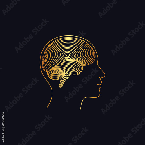 Elegant golden brain illustration with human head in profile