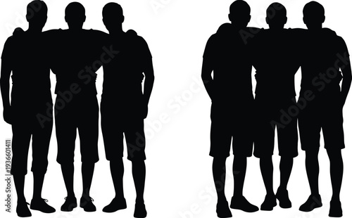 Silhouette of two groups of three men standing together in casual clothes