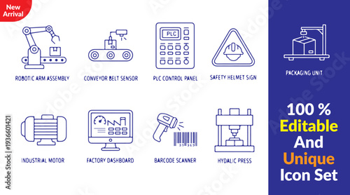  robotic arm assembly, conveyor belt sensor, PLC control panel, industrial motor, factory control dashboard, barcode scanner gun, automated packaging unit, hydraulic press machine, safety helmet