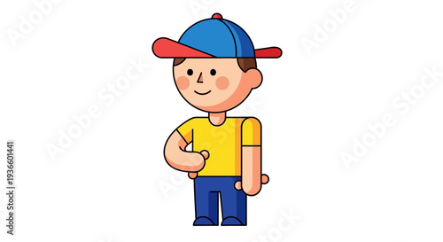 A young cartoon boy in casual clothing and cap standing with a thumbs up gesture