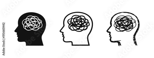 Confusion and Mental Disorder Concept Icon with Tangled Lines in Human Head. Complex Thoughts.