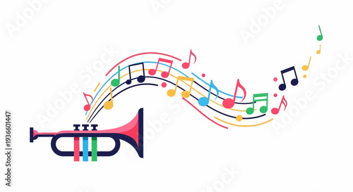 Fotografia Vibrant Trumpet Illustration with Swirling Musical Notes and Colors in a Dynamic