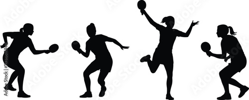Silhouette set of female table tennis players in action poses isolated on white background, ping pong sport movement collection illustration