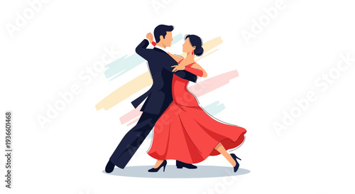 Couple dancing tango together in a studio with a dynamic pose and flowing dress
