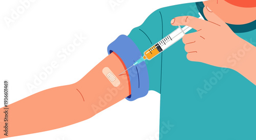 Person receiving vaccination injection in arm from syringe, close-up view