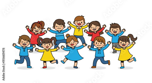 Children playing together, jumping and holding hands in a joyful moment, surrounded by a simple background, depicted in a colorful digital illustration.