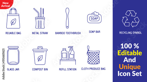 reusable shopping bag, metal straw, bamboo toothbrush, glass jar storage, compost bin, refill station, cloth produce bag, recycling symbol, bar soap