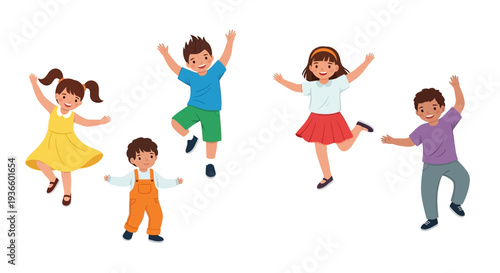 Children jumping in the air together, depicting joy and freedom in a playful scene, captured from a straightforward viewpoint in a digital illustration.