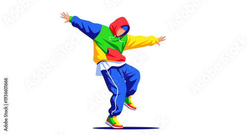 Vibrant dancer in mid-air, performing dynamic breakdancing move with outstretched arms and legs, showcasing colorful outfit